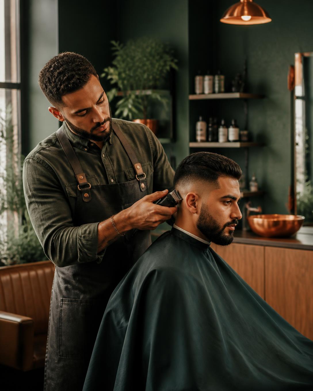 Barbeiro realizando um corte masculino na Oficial Barbearia